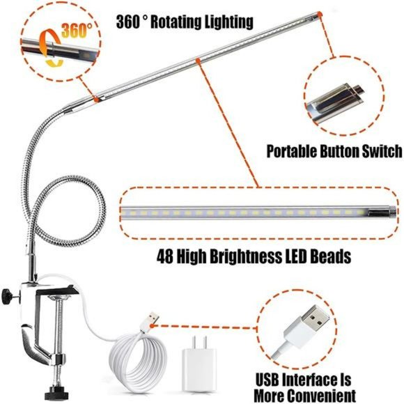 Desk Light with Clamp, USB LED 8W Clip Desk Lamp Eye Care Flexible GooseNeck - Picture 2 of 6